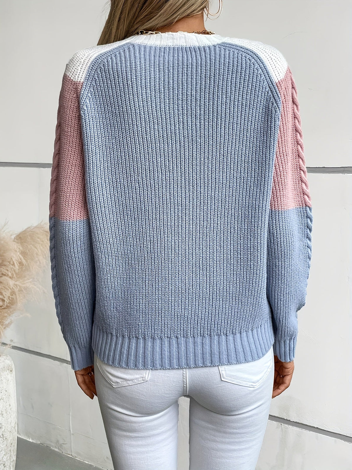 Cable Knit Jumper Women's Colour Block Pink Blue Crew Neck – Casual, Autumn Winter Layering