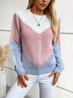 Cable Knit Jumper Women's Colour Block Pink Blue Crew Neck – Casual, Autumn Winter Layering