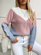 Cable Knit Jumper Women's Colour Block Pink Blue Crew Neck – Casual, Autumn Winter Layering