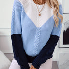 Cable Knit Jumper Women's Colour Block Pink Blue Crew Neck – Casual, Autumn Winter Layering