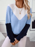 Cable Knit Jumper Women's Colour Block Pink Blue Crew Neck – Casual, Autumn Winter Layering