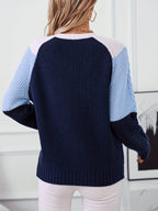 Cable Knit Jumper Women's Colour Block Pink Blue Crew Neck – Casual, Autumn Winter Layering