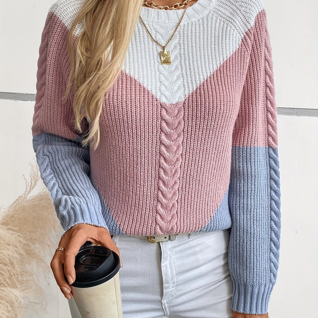 Cable Knit Jumper Women's Colour Block Pink Blue Crew Neck – Casual, Autumn Winter Layering
