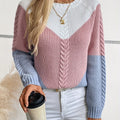 Cable Knit Jumper Women's Colour Block Pink Blue Crew Neck – Casual, Autumn Winter Layering