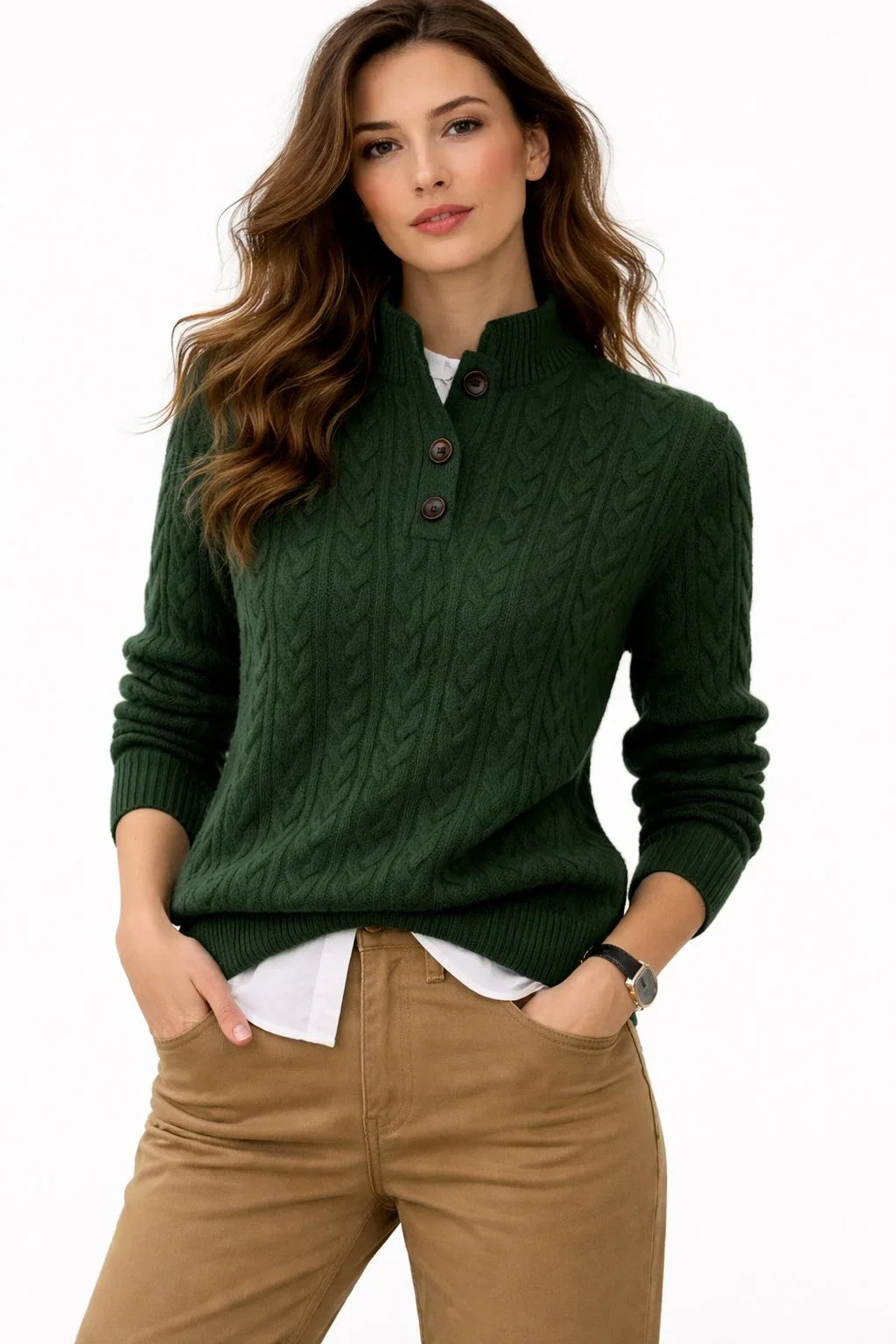 Cable Knit Jumper Women's Wool Blend Button-Neck Camel Sweater – Casual, Office, Holiday, Gift