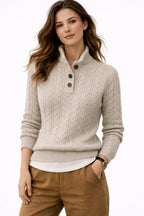 Cable Knit Jumper Women's Wool Blend Button-Neck Camel Sweater – Casual, Office, Holiday, Gift
