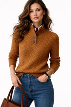 Cable Knit Jumper Women's Wool Blend Button-Neck Camel Sweater – Casual, Office, Holiday, Gift