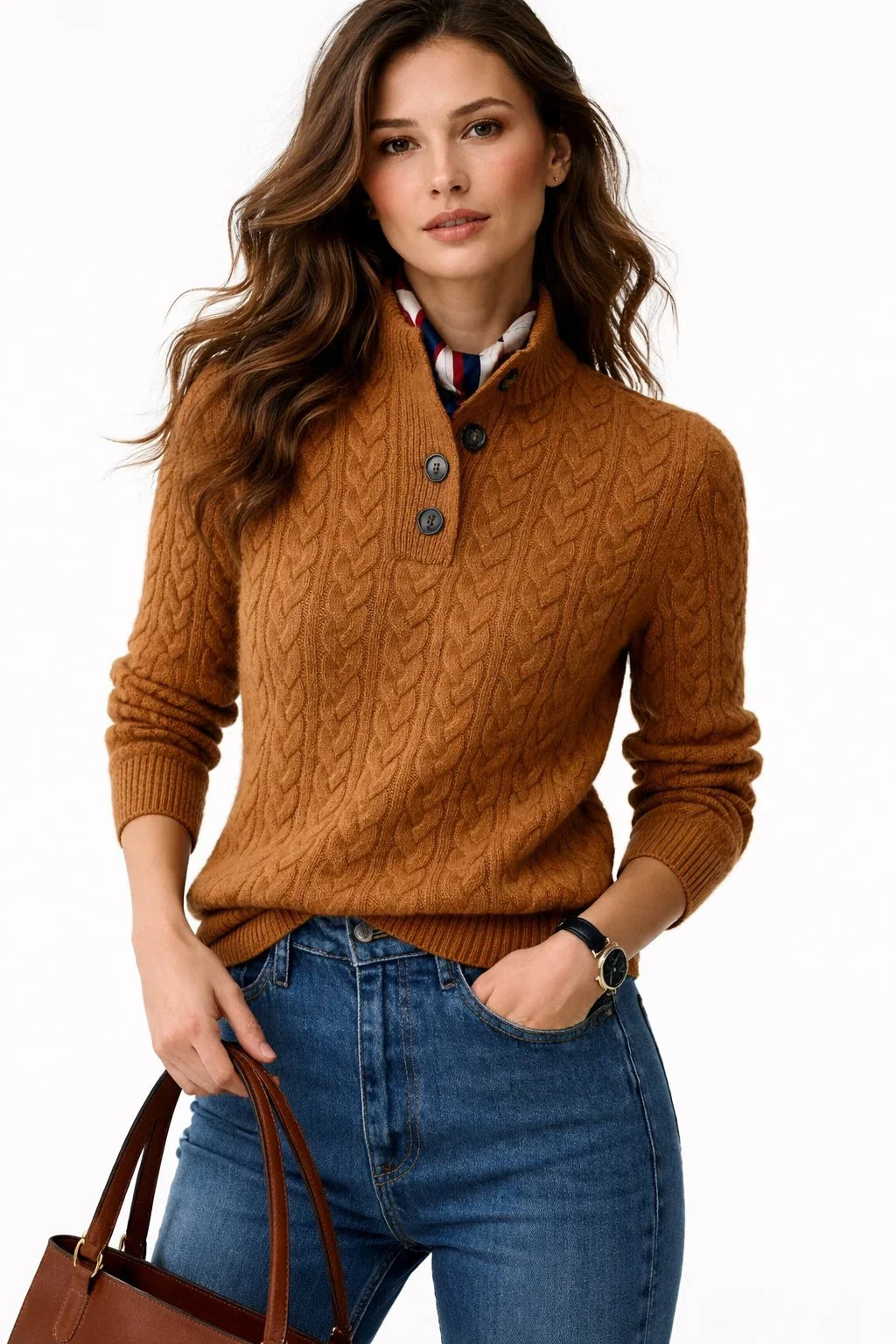 Cable Knit Jumper Women's Wool Blend Button-Neck Camel Sweater – Casual, Office, Holiday, Gift