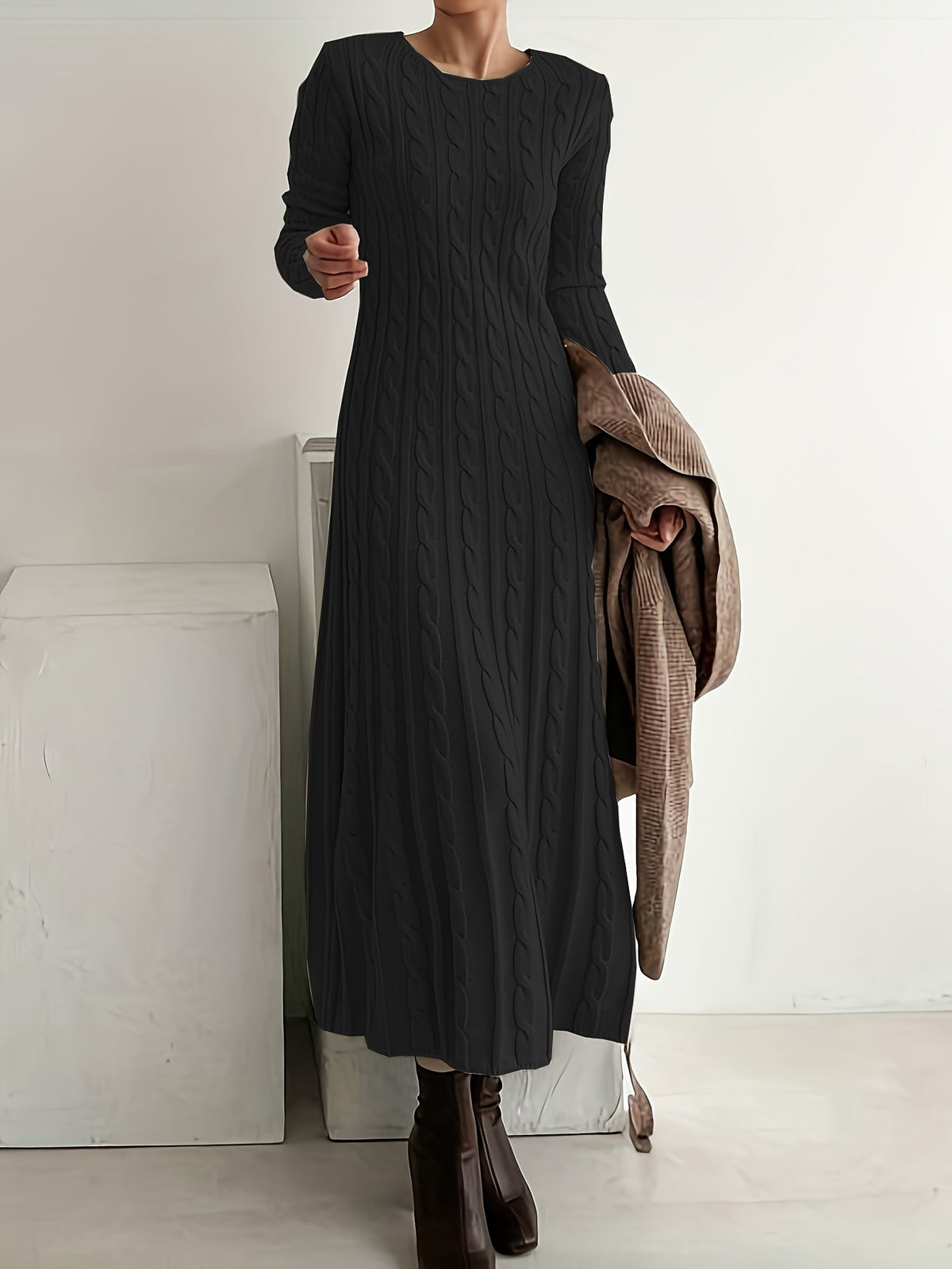 Cable-Knit Maxi Dress Long Sleeve Women's – Casual, Office, Holiday, Winter Layering