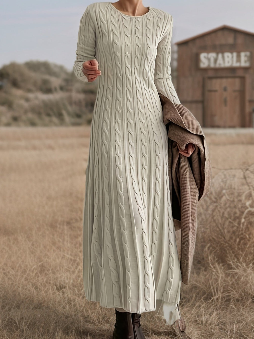 Cable-Knit Maxi Dress Long Sleeve Women's – Casual, Office, Holiday, Winter Layering