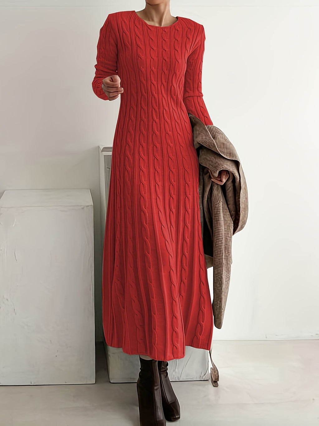 Cable-Knit Maxi Dress Long Sleeve Women's – Casual, Office, Holiday, Winter Layering