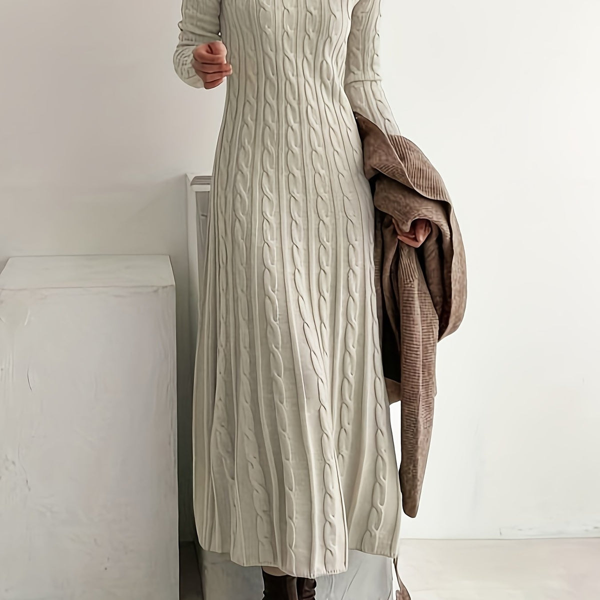 Cable-Knit Maxi Dress Long Sleeve Women's – Casual, Office, Holiday, Winter Layering