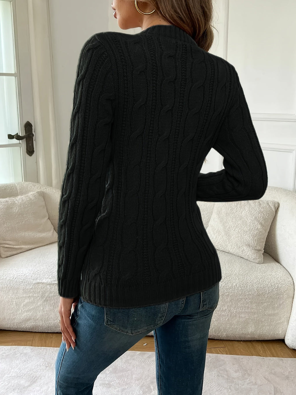 Cable Knit Sweater Black Women's Crew Neck Long Sleeve Jumper – Casual, Office, Holiday, Gift