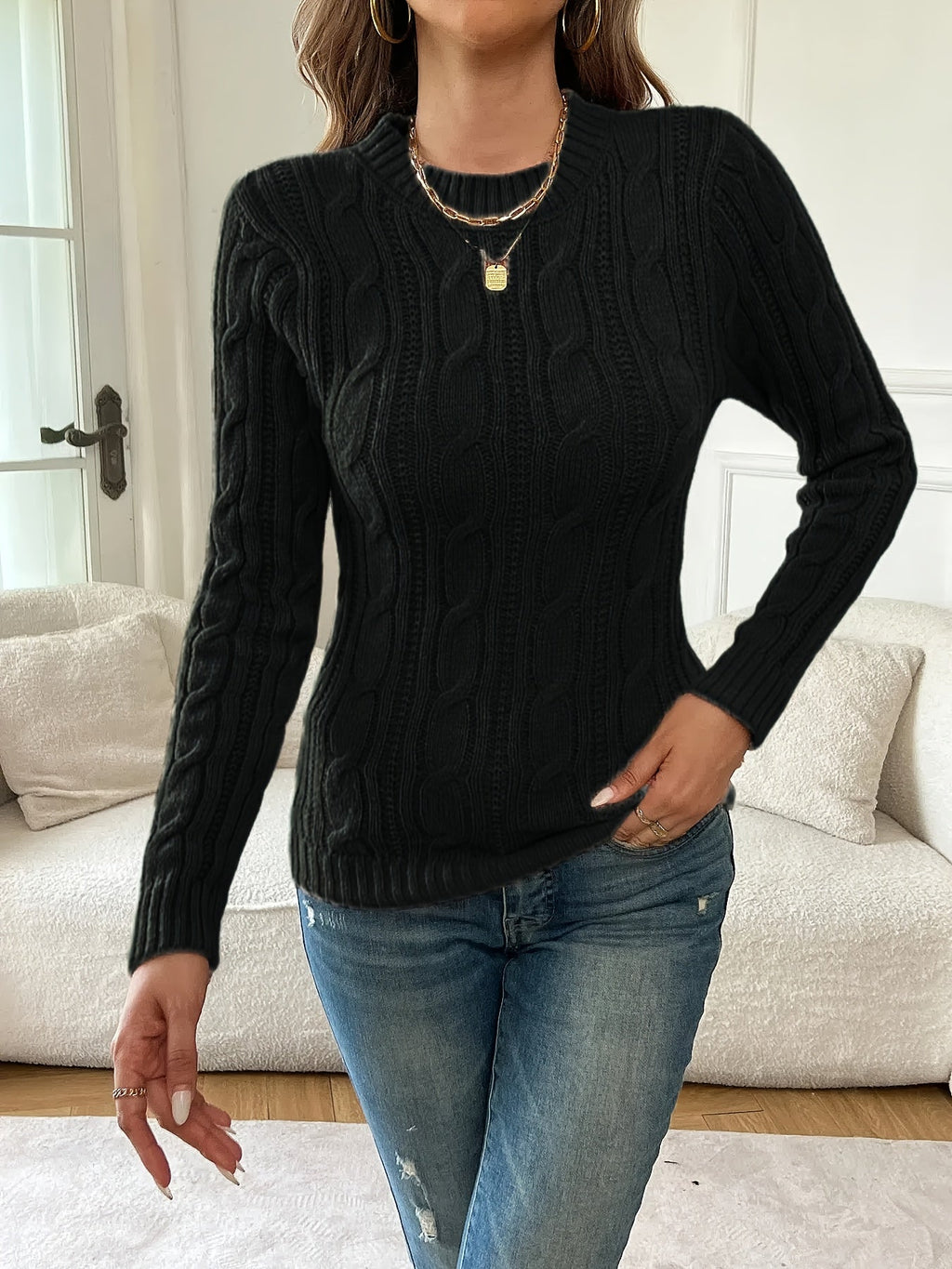 Cable Knit Sweater Black Women's Crew Neck Long Sleeve Jumper – Casual, Office, Holiday, Gift