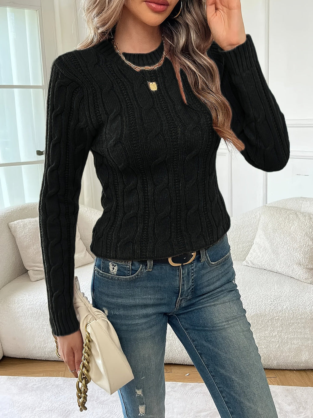Cable Knit Sweater Black Women's Crew Neck Long Sleeve Jumper – Casual, Office, Holiday, Gift
