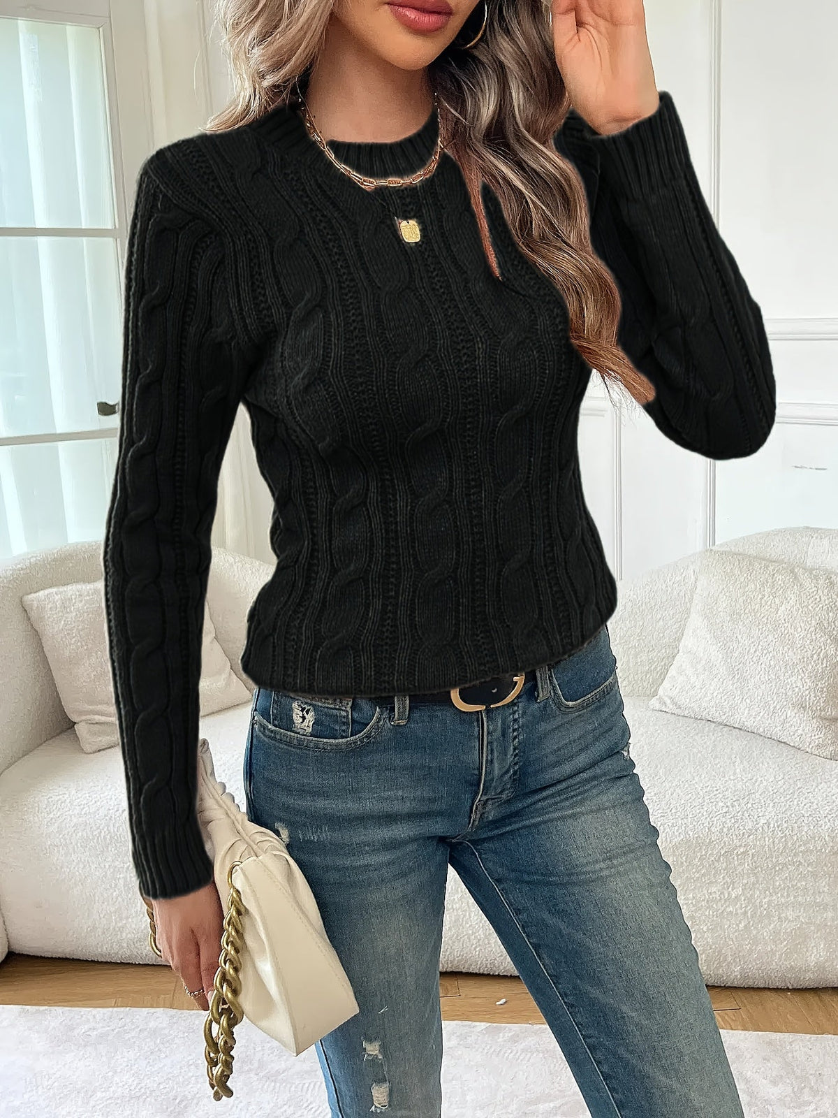 Cable Knit Sweater Black Women's Crew Neck Long Sleeve Jumper – Casual, Office, Holiday, Gift