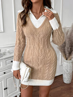 Cable Knit Sweater Dress Collared V-Neck Women's Colour Block Jumper Dress – Casual, Office, Holiday, Gift