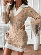 Cable Knit Sweater Dress Collared V-Neck Women's Colour Block Jumper Dress – Casual, Office, Holiday, Gift