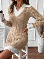 Cable Knit Sweater Dress Collared V-Neck Women's Colour Block Jumper Dress – Casual, Office, Holiday, Gift