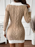 Cable Knit Sweater Dress Collared V-Neck Women's Colour Block Jumper Dress – Casual, Office, Holiday, Gift