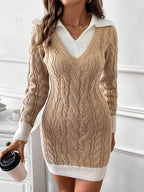 Cable Knit Sweater Dress Collared V-Neck Women's Colour Block Jumper Dress – Casual, Office, Holiday, Gift