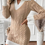 Cable Knit Sweater Dress Collared V-Neck Women's Colour Block Jumper Dress – Casual, Office, Holiday, Gift