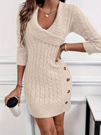 Cable Knit Sweater Dress V-Neck Long Sleeve Women's Burgundy Button Side – Casual, Office, Holiday, Gift