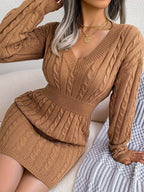 Cable Knit Sweater Dress V-Neck Long Sleeve Women's Burgundy Peplum – Casual, Office, Holiday, Gift