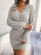 Cable Knit Sweater Dress V-Neck Long Sleeve Women's Burgundy Peplum – Casual, Office, Holiday, Gift