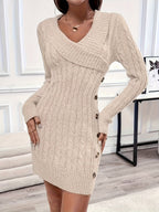 Cable Knit Sweater Dress V-Neck Long Sleeve Women's Burgundy Button Side – Casual, Office, Holiday, Gift