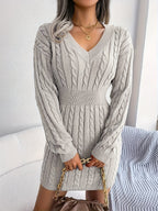 Cable Knit Sweater Dress V-Neck Long Sleeve Women's Burgundy Peplum – Casual, Office, Holiday, Gift