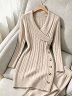 Cable Knit Sweater Dress V-Neck Long Sleeve Women's Burgundy Button Side – Casual, Office, Holiday, Gift