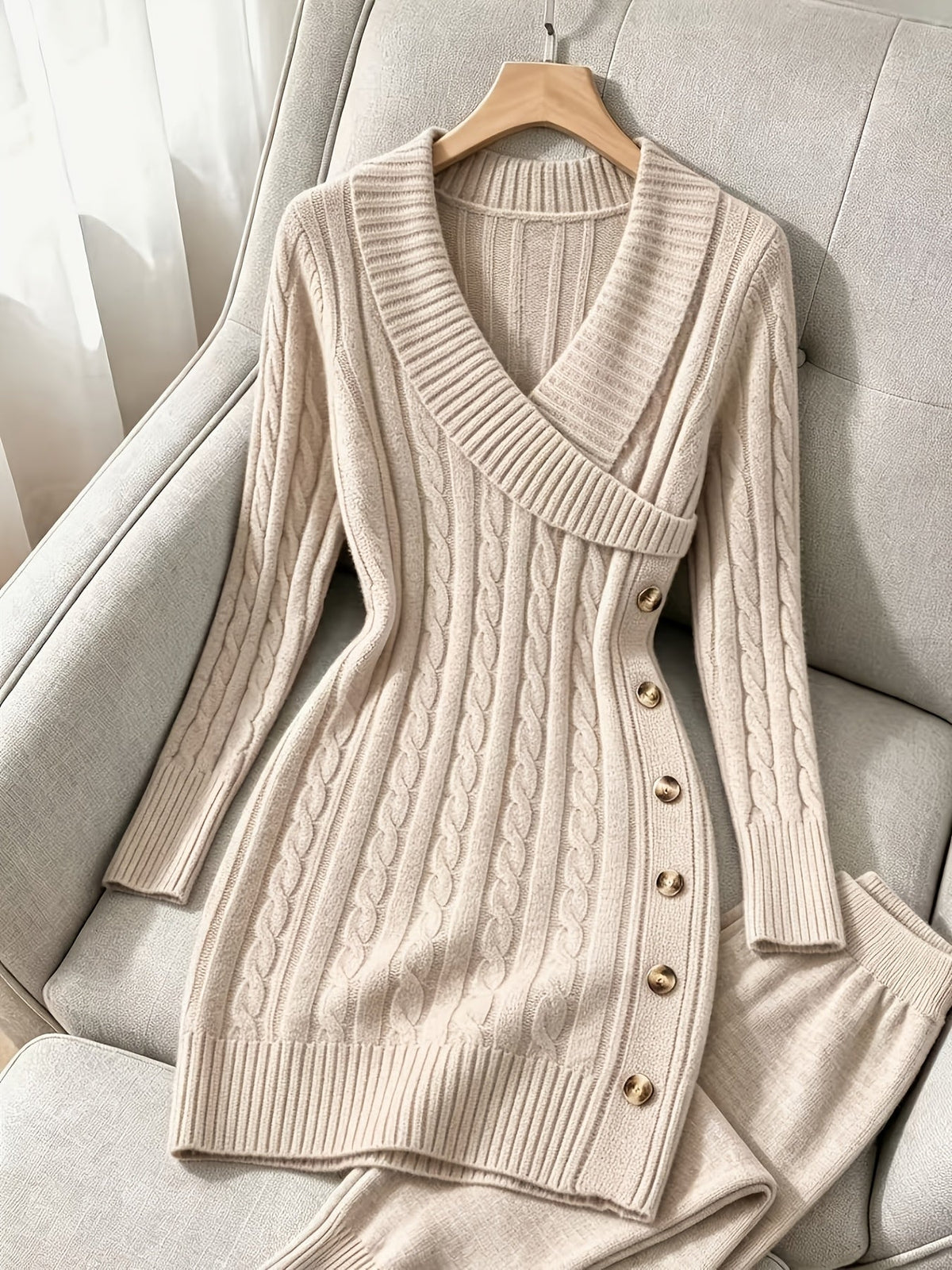 Cable Knit Sweater Dress V-Neck Long Sleeve Women's Burgundy Button Side – Casual, Office, Holiday, Gift