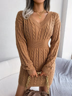 Cable Knit Sweater Dress V-Neck Long Sleeve Women's Burgundy Peplum – Casual, Office, Holiday, Gift