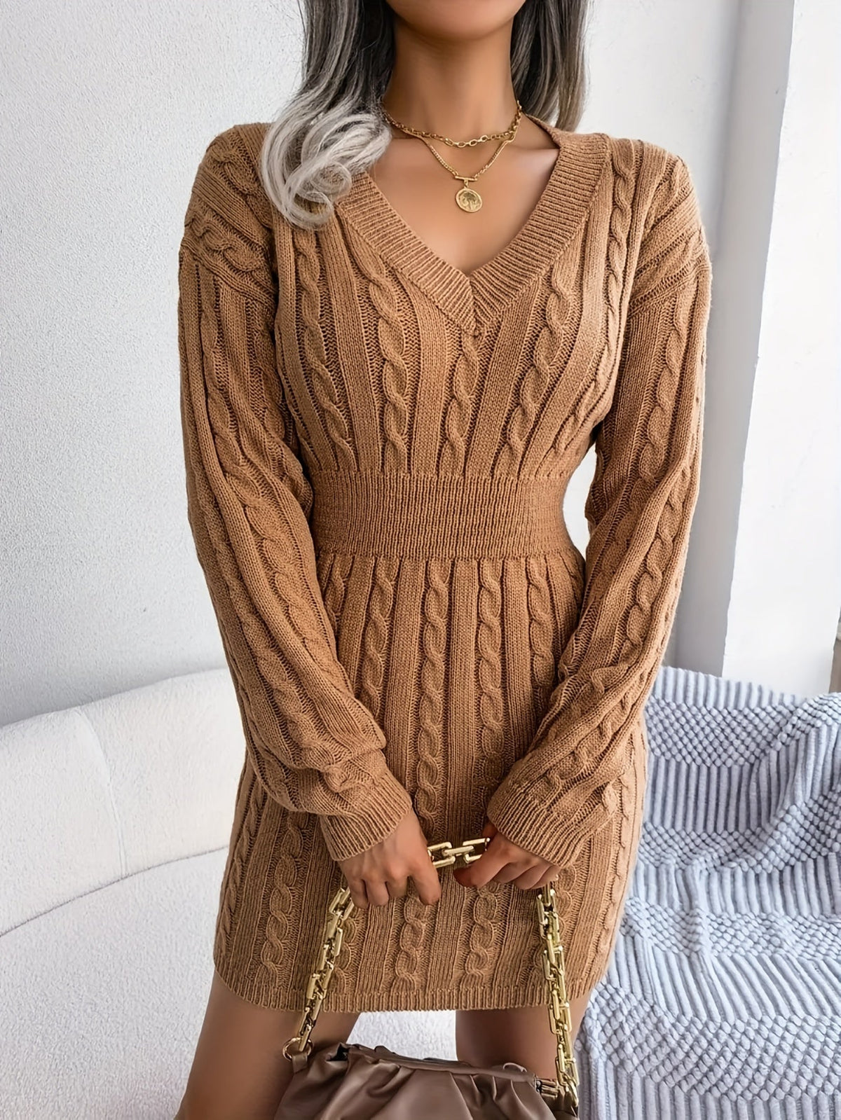 Cable Knit Sweater Dress V-Neck Long Sleeve Women's Burgundy Peplum – Casual, Office, Holiday, Gift