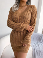 Cable Knit Sweater Dress V-Neck Long Sleeve Women's Burgundy Peplum – Casual, Office, Holiday, Gift