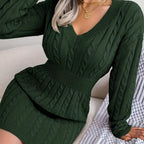 Cable Knit Sweater Dress V-Neck Long Sleeve Women's Burgundy Peplum – Casual, Office, Holiday, Gift