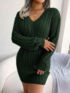 Cable Knit Sweater Dress V-Neck Long Sleeve Women's Burgundy Peplum – Casual, Office, Holiday, Gift