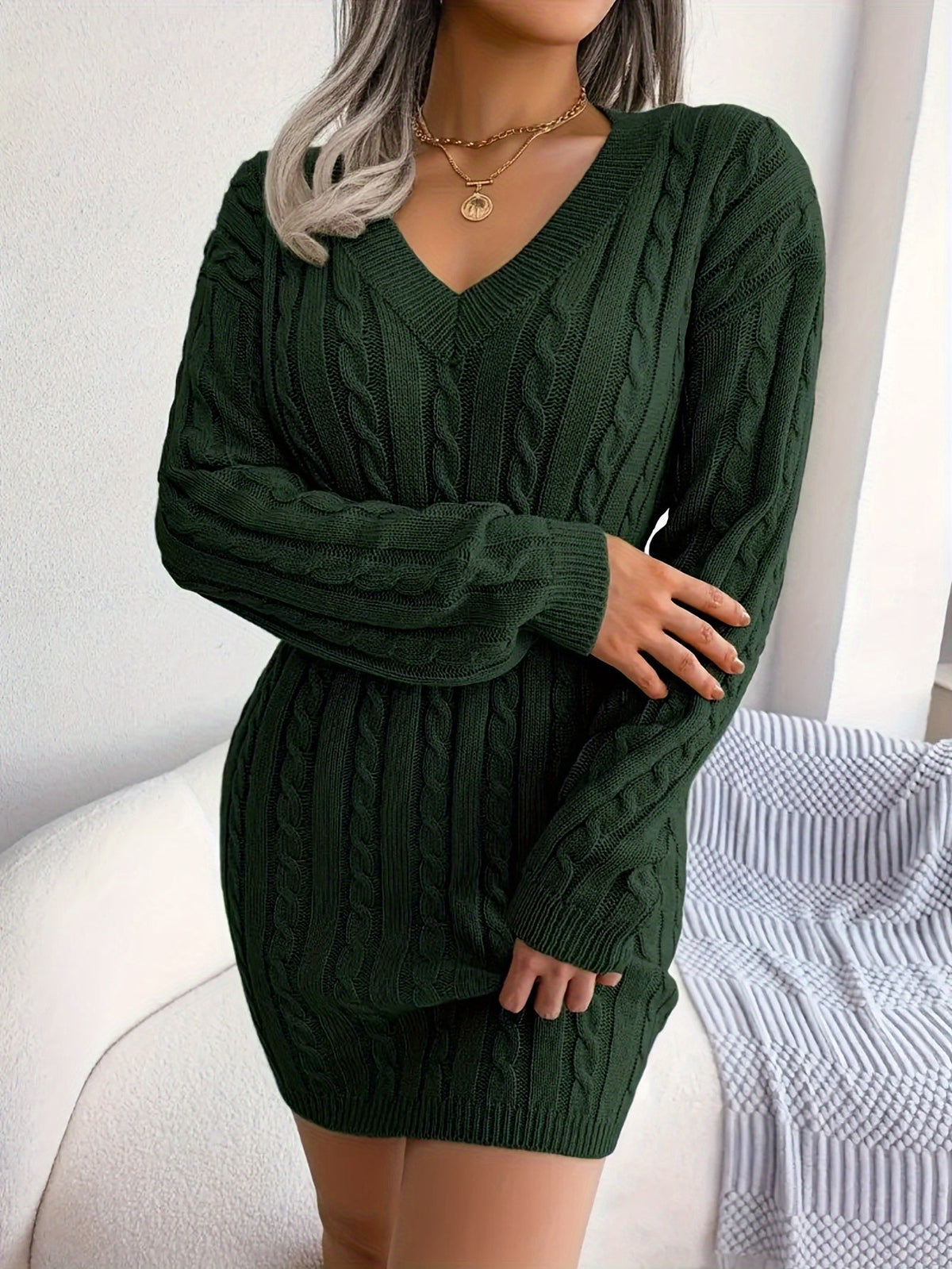 Cable Knit Sweater Dress V-Neck Long Sleeve Women's Burgundy Peplum – Casual, Office, Holiday, Gift