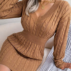 Cable Knit Sweater Dress V-Neck Long Sleeve Women's Burgundy Peplum – Casual, Office, Holiday, Gift
