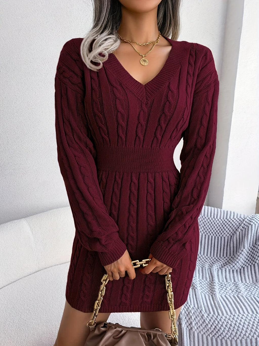 Cable Knit Sweater Dress V-Neck Long Sleeve Women's Burgundy Peplum – Casual, Office, Holiday, Gift