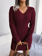 Cable Knit Sweater Dress V-Neck Long Sleeve Women's Burgundy Peplum – Casual, Office, Holiday, Gift