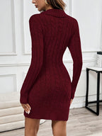 Cable Knit Sweater Dress V-Neck Long Sleeve Women's Burgundy Button Side – Casual, Office, Holiday, Gift
