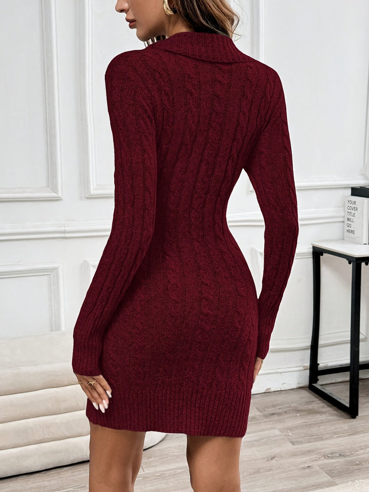 Cable Knit Sweater Dress V-Neck Long Sleeve Women's Burgundy Button Side – Casual, Office, Holiday, Gift