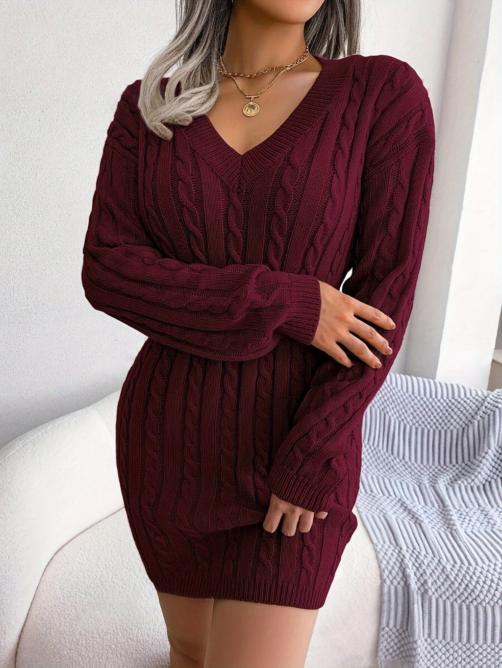 Cable Knit Sweater Dress V-Neck Long Sleeve Women's Burgundy Peplum – Casual, Office, Holiday, Gift