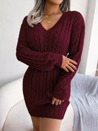 Cable Knit Sweater Dress V-Neck Long Sleeve Women's Burgundy Peplum – Casual, Office, Holiday, Gift