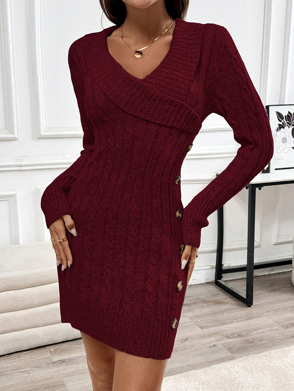 Cable Knit Sweater Dress V-Neck Long Sleeve Women's Burgundy Button Side – Casual, Office, Holiday, Gift
