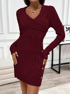 Cable Knit Sweater Dress V-Neck Long Sleeve Women's Burgundy Button Side – Casual, Office, Holiday, Gift