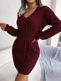 Cable Knit Sweater Dress V-Neck Long Sleeve Women's Burgundy Peplum – Casual, Office, Holiday, Gift