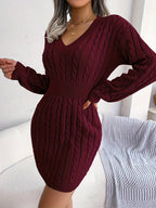 Cable Knit Sweater Dress V-Neck Long Sleeve Women's Burgundy Peplum – Casual, Office, Holiday, Gift